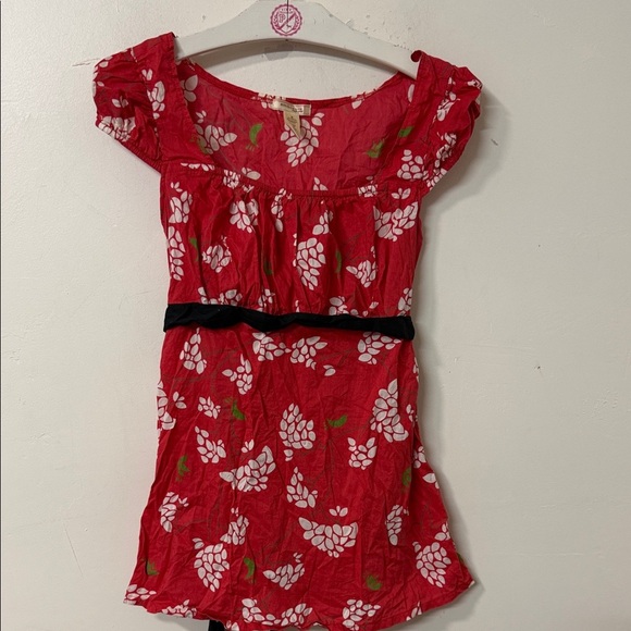 Ambiance Tops - Ambiance Red Floral Short Sleeve Dress with Black Waist Tie